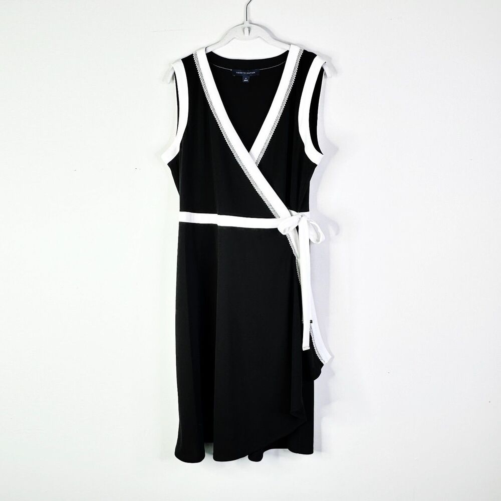 Tommy Hilfiger Dress Women 14 Black White Wrap Sleeveless Midi Corpcore Classic - Picture 2 of 9